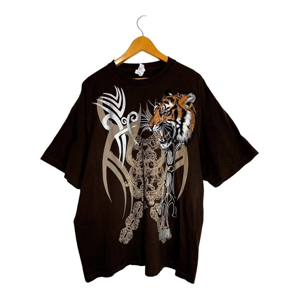 2009 Animal Planet Bengal Tiger Men's 2XL Tribal Art Graphic Tee Shirt Y2K Brown